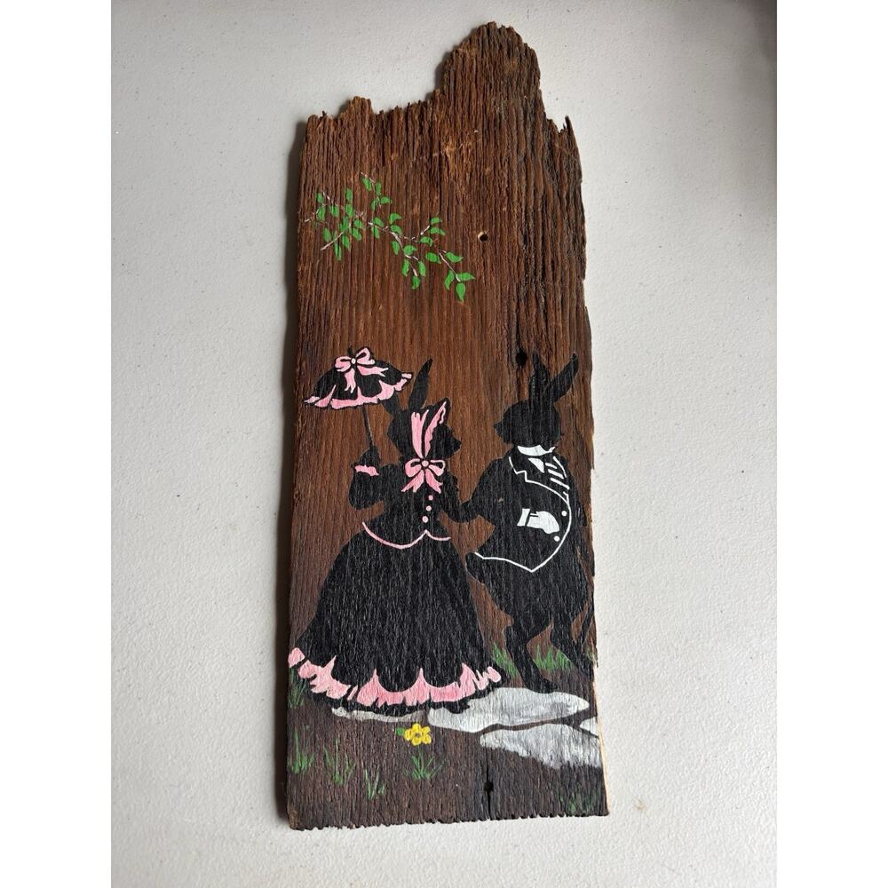 Vtg Anthropomorphic Rabbits Bark Wood Folk Art Wall Hanging Hand Painted Wood